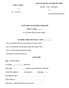 Mẫu quyết định bổ nhiệm kế toán trưởng công ty TNHH