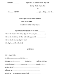 Mẫu quyết định bổ nhiệm kế toán trưởng công ty cổ phần